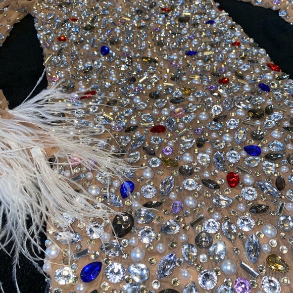 Nude Mesh Feather Rhinestone Bodycon Mini Dress - Picture 4 of 5